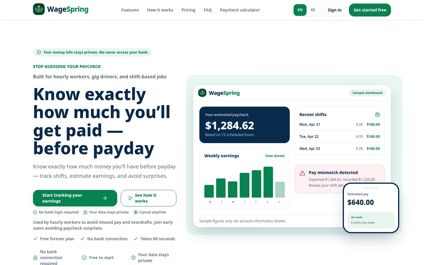 WageSpring web app homepage